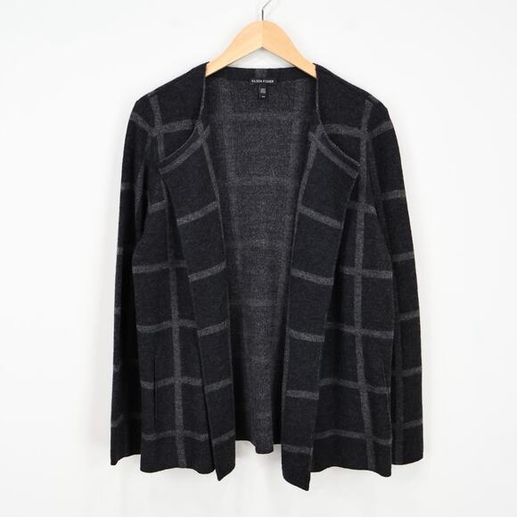 Eileen Fisher 100% Merino Wool Open Front Cardigan Sweater Plaid Charcoal Small - Picture 1 of 6